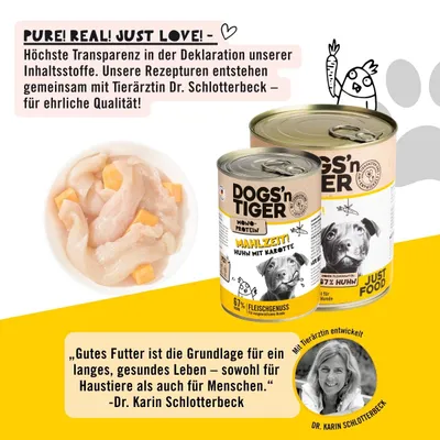 Dogs’n Tiger Mahlzeit, Hundefutter, Huhn mit Karotte Dogs’n Tiger Mahlzeit, Hundefutter, Huhn mit Karotte