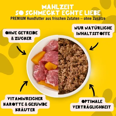 Dogs’n Tiger Mahlzeit, Hundefutter, Huhn mit Karotte Dogs’n Tiger Mahlzeit, Hundefutter, Huhn mit Karotte