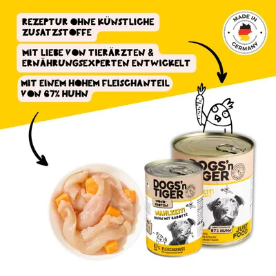 Dogs’n Tiger Mahlzeit, Hundefutter, Huhn mit Karotte Dogs’n Tiger Mahlzeit, Hundefutter, Huhn mit Karotte