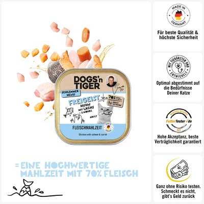 Dogs’n Tiger Freigeist Katzenfutter, Huhn, Lachs & Möhre Dogs’n Tiger Freigeist Katzenfutter, Huhn, Lachs & Möhre