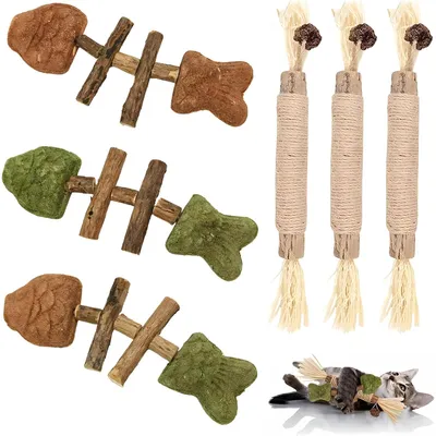 Lot de 6 jouets à chat, 3 bâtonnets d'herbe, 3 bâtonnets en bois à mâcher Lot de 6 jouets à chat, 3 bâtonnets d'herbe, 3 bâtonnets en bois à mâcher