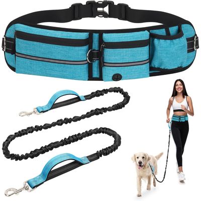 Laisse Main Libre Chien avec Ceinture Réglable et Sac Banane