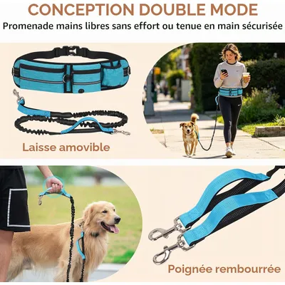 Laisse Main Libre Chien avec Ceinture Réglable et Sac Banane Laisse Main Libre Chien avec Ceinture Réglable et Sac Banane
