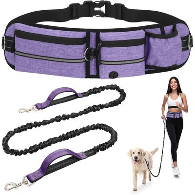 Laisse Main Libre Chien avec Ceinture Réglable et Sac Banane