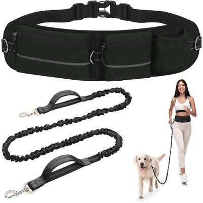 Laisse Main Libre Chien avec Ceinture Réglable et Sac Banane