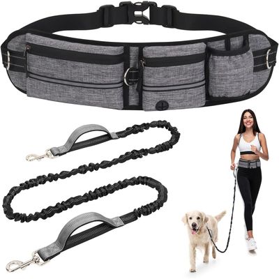 Laisse Main Libre Chien avec Ceinture Réglable et Sac Banane