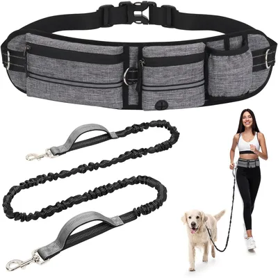 Laisse Main Libre Chien avec Ceinture Réglable et Sac Banane Laisse Main Libre Chien avec Ceinture Réglable et Sac Banane