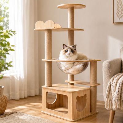Yommy Arbre à Chat avec Niche, Bulle Acrylique et Échelle