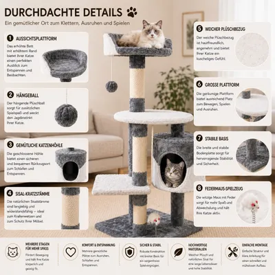 Yommy Arbre à Chat avec Niche, Plateformes et Jouet Suspendu Yommy Arbre à Chat avec Niche, Plateformes et Jouet Suspendu
