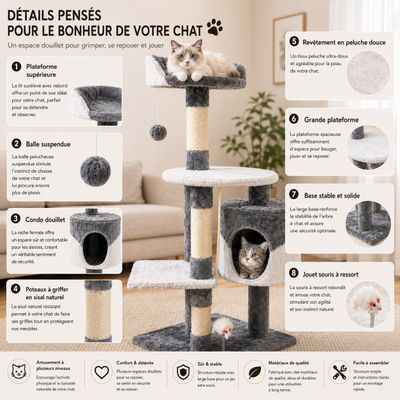 Yommy Arbre à Chat avec Niche, Plateformes et Jouet Suspendu