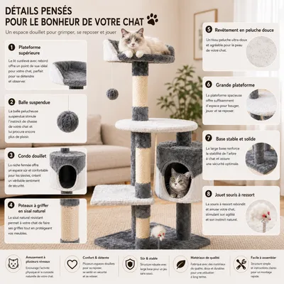 Yommy Arbre à Chat avec Niche, Plateformes et Jouet Suspendu Yommy Arbre à Chat avec Niche, Plateformes et Jouet Suspendu