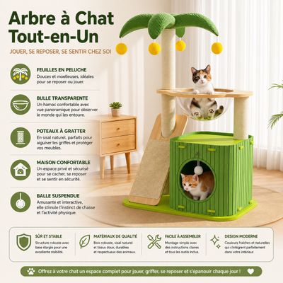 Yommy Arbre à Chat avec Niche, Bulle Acrylique et Griffoir