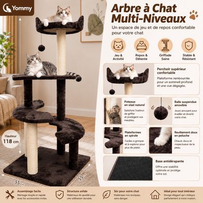 Yommy Arbre à Chat avec Plateformes, Poteaux en Sisal et Jouet Suspendu