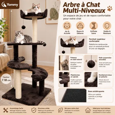 Yommy Arbre à Chat avec Plateformes, Poteaux en Sisal et Jouet Suspendu