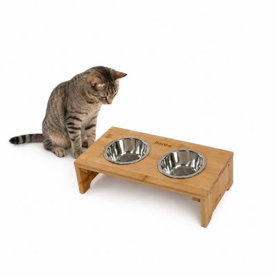 lionto erhöhter Katzennapf aus Bambus mit 2 Edelstahlnäpfen