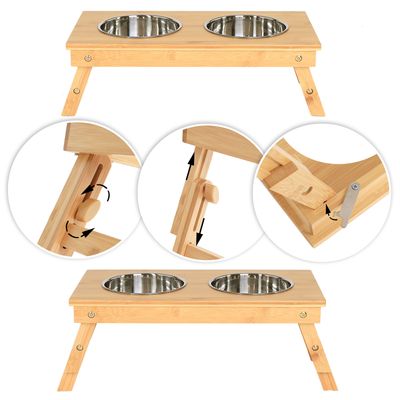 lionto gamelle pour chat réglable en hauteur en bambou avec 2 bols inox