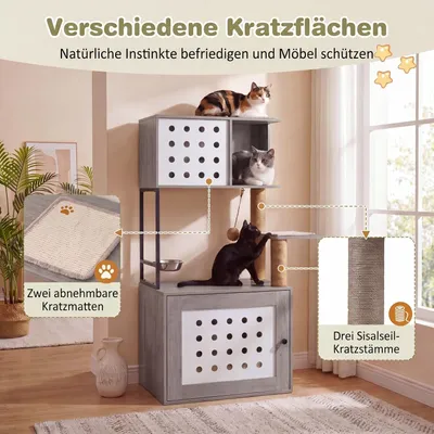 GIANTEX Kratzbaum Mit Katzenklo,Futterplattform,3 Sisal-Pfosten, Holz grau. GIANTEX Kratzbaum Mit Katzenklo,Futterplattform,3 Sisal-Pfosten, Holz grau.