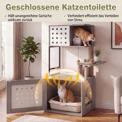 GIANTEX Kratzbaum Mit Katzenklo,Futterplattform,3 Sisal-Pfosten, Holz grau.