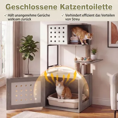 GIANTEX Kratzbaum Mit Katzenklo,Futterplattform,3 Sisal-Pfosten, Holz grau. GIANTEX Kratzbaum Mit Katzenklo,Futterplattform,3 Sisal-Pfosten, Holz grau.