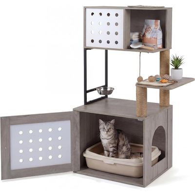GIANTEX Kratzbaum Mit Katzenklo,Futterplattform,3 Sisal-Pfosten, Holz grau.