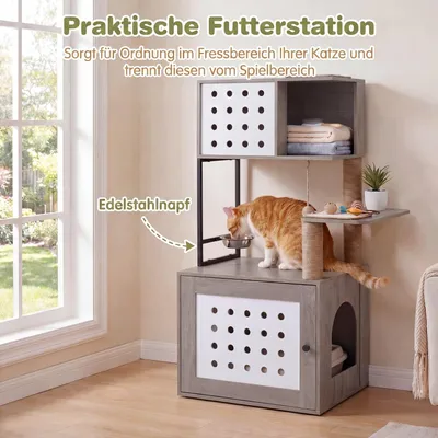 GIANTEX Kratzbaum Mit Katzenklo,Futterplattform,3 Sisal-Pfosten, Holz grau. GIANTEX Kratzbaum Mit Katzenklo,Futterplattform,3 Sisal-Pfosten, Holz grau.