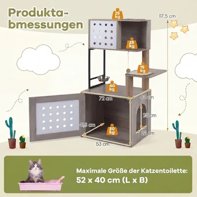 GIANTEX Kratzbaum Mit Katzenklo,Futterplattform,3 Sisal-Pfosten, Holz grau. GIANTEX Kratzbaum Mit Katzenklo,Futterplattform,3 Sisal-Pfosten, Holz grau.