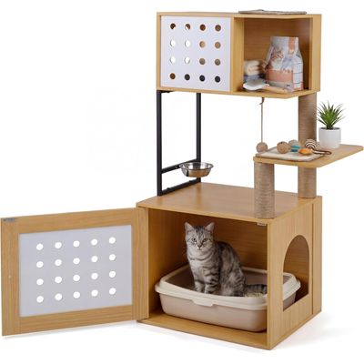GIANTEX Kratzbaum Mit Katzenklo,Futterplattform,3 Sisal-Pfosten, Holz grau.