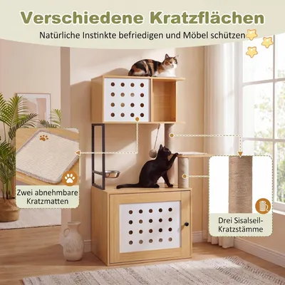 GIANTEX Kratzbaum Mit Katzenklo,Futterplattform,3 Sisal-Pfosten, Holz grau. GIANTEX Kratzbaum Mit Katzenklo,Futterplattform,3 Sisal-Pfosten, Holz grau.