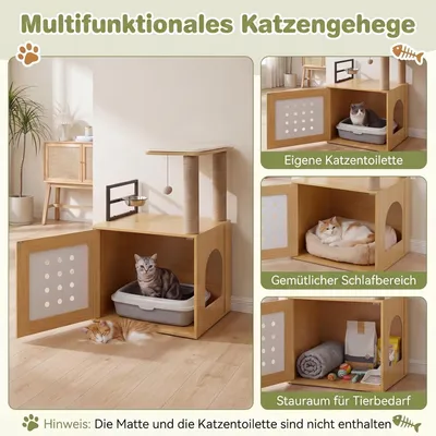 GIANTEX Kratzbaum Mit Katzenklo,Futterplattform,3 Sisal-Pfosten, Holz grau. GIANTEX Kratzbaum Mit Katzenklo,Futterplattform,3 Sisal-Pfosten, Holz grau.