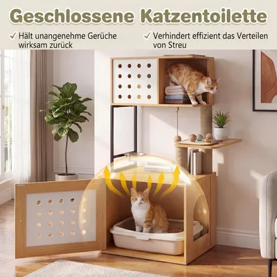 GIANTEX Kratzbaum Mit Katzenklo,Futterplattform,3 Sisal-Pfosten, Holz grau. GIANTEX Kratzbaum Mit Katzenklo,Futterplattform,3 Sisal-Pfosten, Holz grau.
