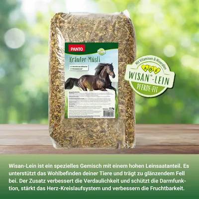PANTO Kräutermüsli mit Wisan®-Lein – 15 kg Pferdefutter mit Omega-3 & Kräut PANTO Kräutermüsli mit Wisan®-Lein – 15 kg Pferdefutter mit Omega-3 & Kräut