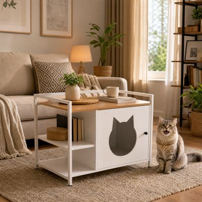 Zatte Meuble litière tête chat, table d'appoint 2 étagères