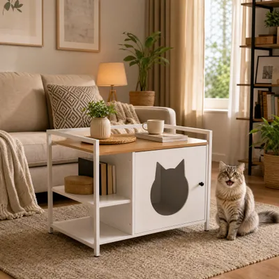 Zatte Meuble litière tête chat, table d'appoint 2 étagères