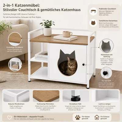 Zatte Meuble litière tête chat, table d'appoint 2 étagères