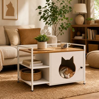 Zatte Katzentoiletten-Schrank Katzengesicht, Beistelltisch 2 Regale