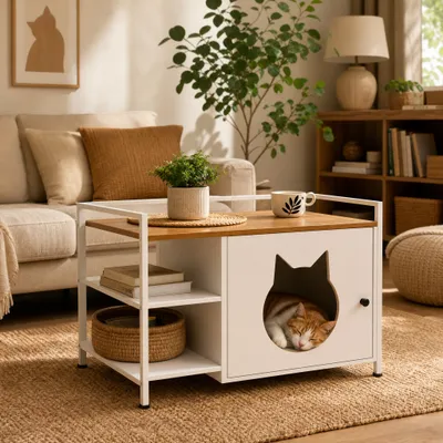 Zatte Meuble litière tête chat, table d'appoint 2 étagères