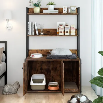 Zatte Meuble litière avec étagère, griffoir, 2 portes, marron
