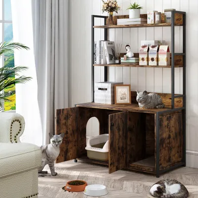 Zatte Meuble litière avec étagère, griffoir, 2 portes, marron