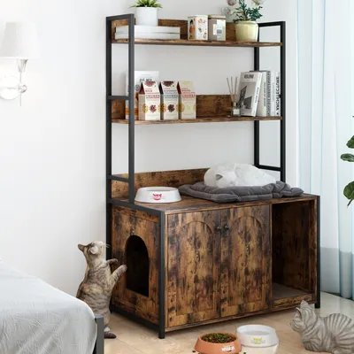 Zatte Meuble litière avec étagère, griffoir, 2 portes, marron