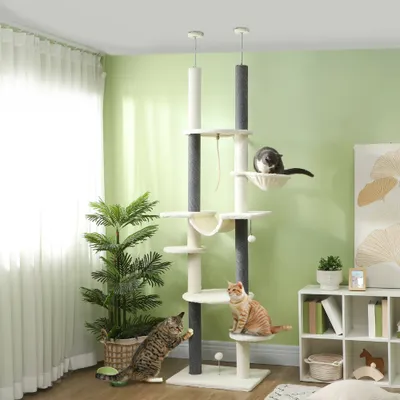 Zatte Arbre à chat plafond 225-255 cm, hamacs, panier, blanc Zatte Arbre à chat plafond 225-255 cm, hamacs, panier, blanc
