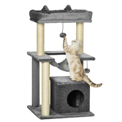 Zatte Arbre à chat 90 cm, cabane, hamac, sisal, gris Zatte Arbre à chat 90 cm, cabane, hamac, sisal, gris