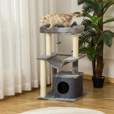 Zatte Arbre à chat 90 cm, cabane, hamac, sisal, gris Zatte Arbre à chat 90 cm, cabane, hamac, sisal, gris