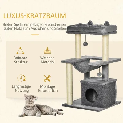 Zatte Arbre à chat 90 cm, cabane, hamac, sisal, gris Zatte Arbre à chat 90 cm, cabane, hamac, sisal, gris