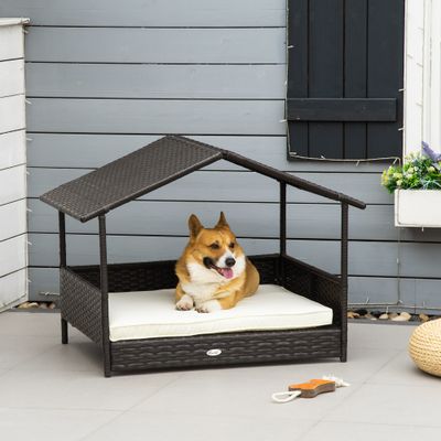 Zatte Maison chien rotin coussin, extérieur, 98x69x73 cm, marron
