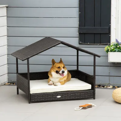 Zatte Hundehaus Rattan mit Kissen, Outdoor, 98x69x73 cm, Braun Zatte Hundehaus Rattan mit Kissen, Outdoor, 98x69x73 cm, Braun