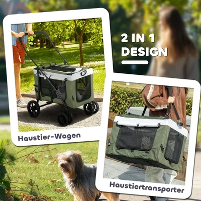Zatte Chariot chien 2-en-1 pliant, 10 kg, moustiquaire, vert foncé Zatte Chariot chien 2-en-1 pliant, 10 kg, moustiquaire, vert foncé