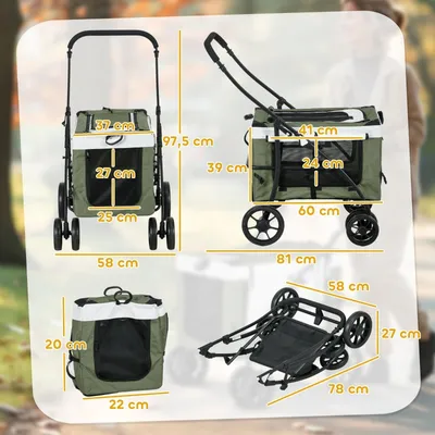 Zatte Chariot chien 2-en-1 pliant, 10 kg, moustiquaire, vert foncé Zatte Chariot chien 2-en-1 pliant, 10 kg, moustiquaire, vert foncé