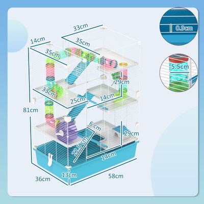 Zatte Cage hamster 6 niv., tubes, roue, 58x36x81 cm, bleu clair