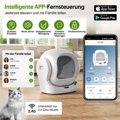 Zatte Katzenklo automatisch App, 68L, selbstreinigend, leise, sicher Zatte Katzenklo automatisch App, 68L, selbstreinigend, leise, sicher