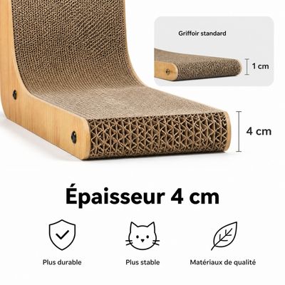 Zatte Griffoir pour Chat Forme L 68cm Carton Ondulé Bordure Bois